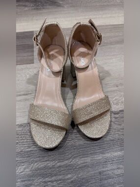Metallic Gold Block Heel Sandals with Ankle Strap